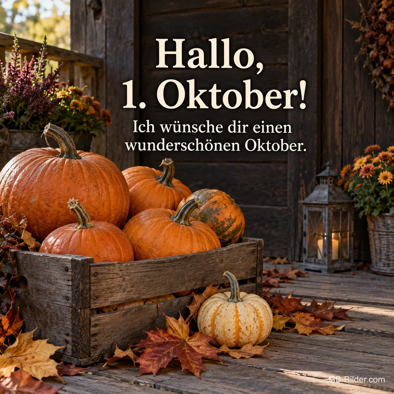 Holzkiste mit Kürbissen auf einer Veranda, Text: Hallo, 1. Oktober! Ich wünsche dir einen wunderschönen Oktober. Holzkiste mit Kürbissen auf einer Veranda, Text: Hallo, 1. Oktober! Ich wünsche dir einen wunderschönen Oktober.