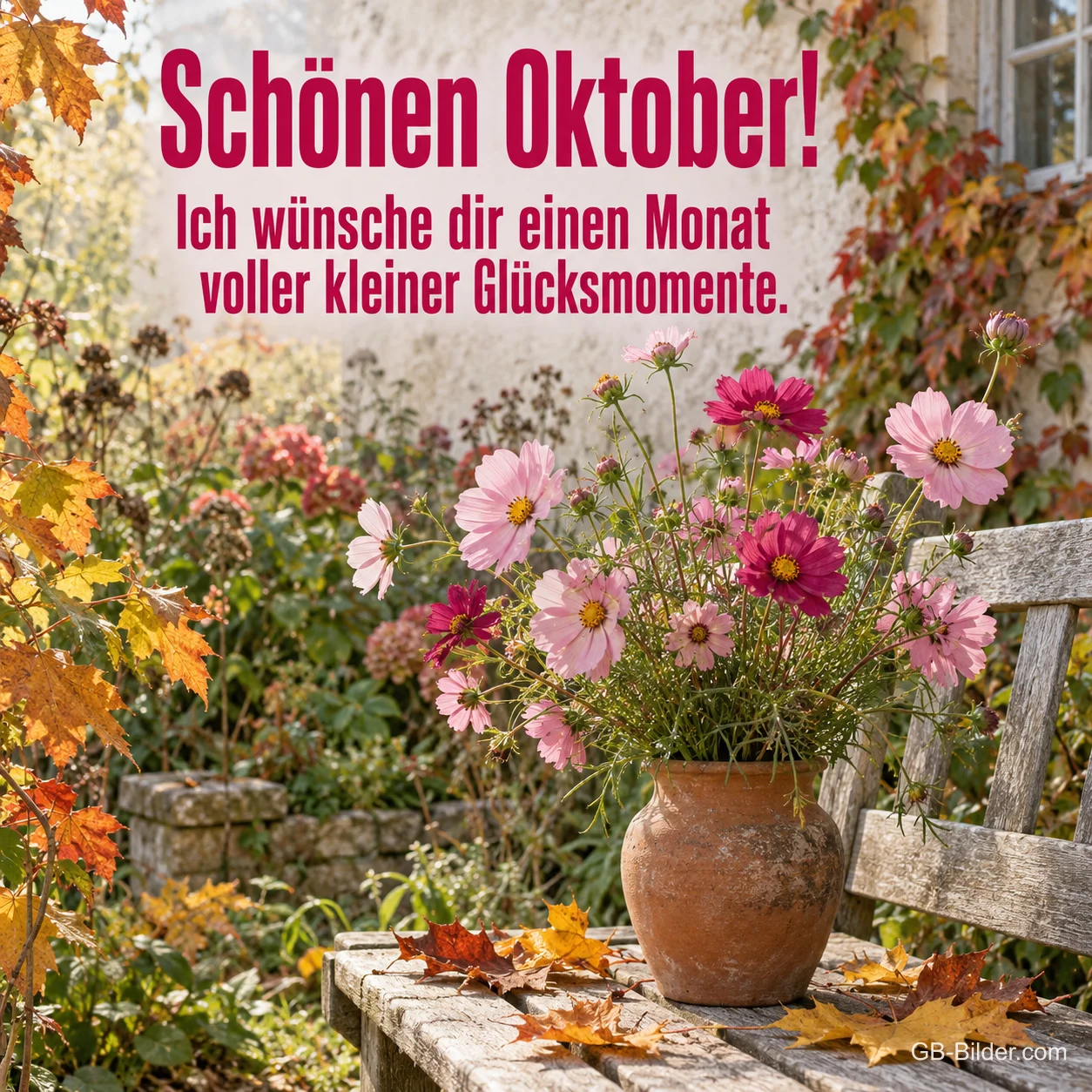 Rosa Schmuckkörbchen im Topf auf einer Gartenbank, Text: Schönen Oktober! Ich wünsche dir einen Monat voller kleiner Glücksmomente. Rosa Schmuckkörbchen im Topf auf einer Gartenbank, Text: Schönen Oktober! Ich wünsche dir einen Monat voller kleiner Glücksmomente.