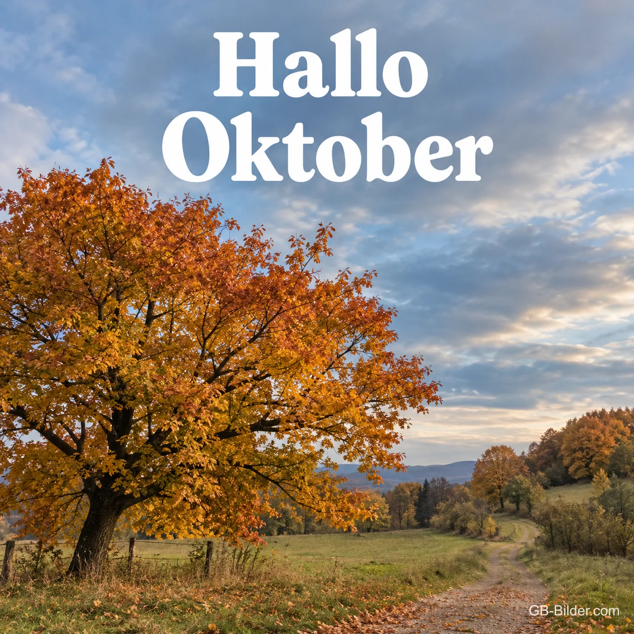 Großer Herbstbaum an einem Feldweg, Text: Hallo Oktober Großer Herbstbaum an einem Feldweg, Text: Hallo Oktober