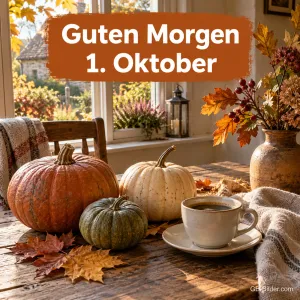 Kürbisse und Kaffeetasse am herbstlichen Fenster, Text: Guten Morgen 1. Oktober