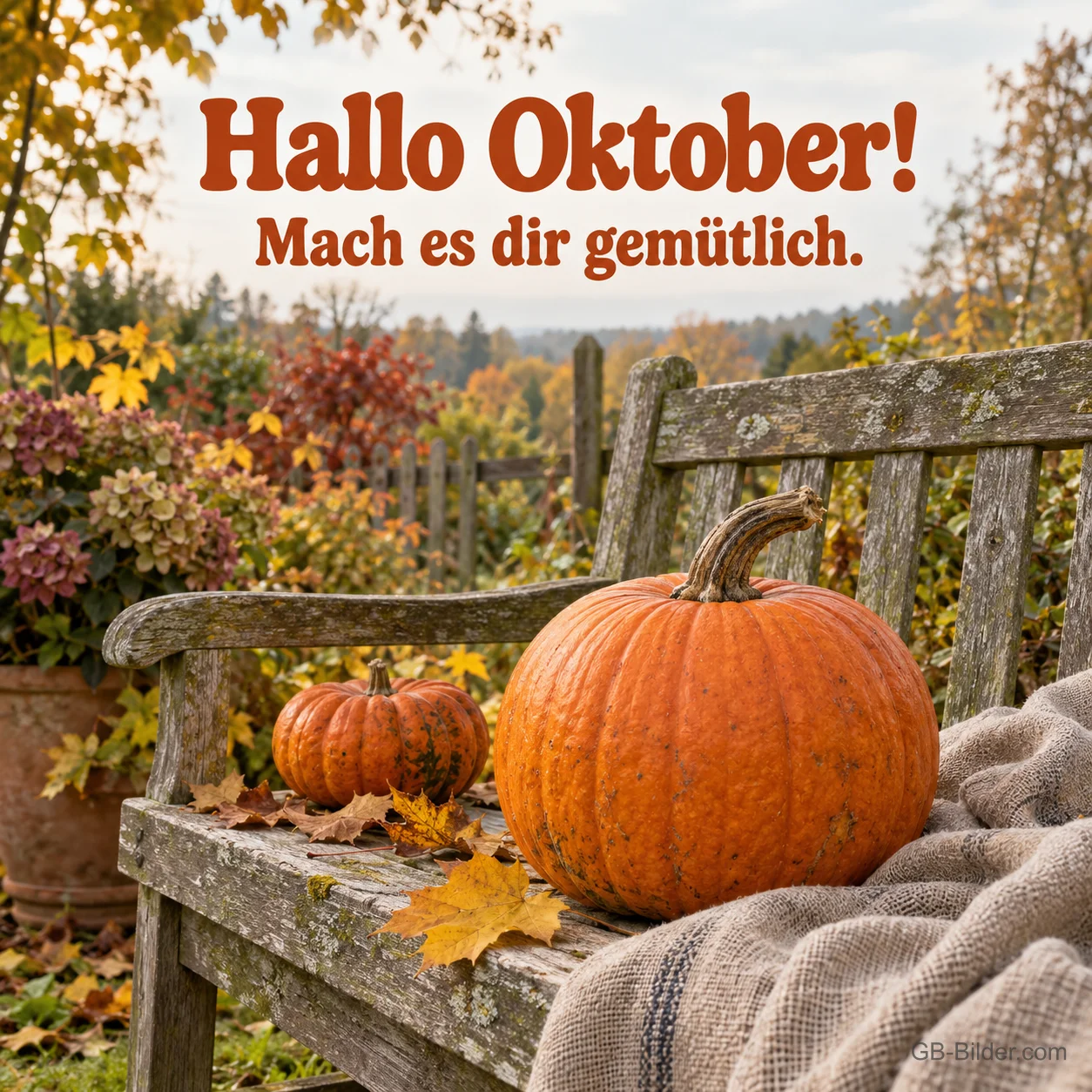 Kürbisse auf einer Gartenbank, Text: Hallo Oktober! Mach es dir gemütlich. Kürbisse auf einer Gartenbank, Text: Hallo Oktober! Mach es dir gemütlich.