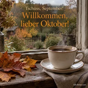Kaffeetasse mit Herbstlaub auf der Fensterbank, Text: Tschüss, September! Willkommen, lieber Oktober!
