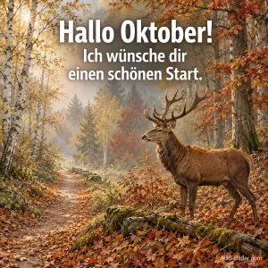 Hirsch am Waldweg im Herbstnebel, Text: Hallo Oktober! Ich wünsche dir einen schönen Start.