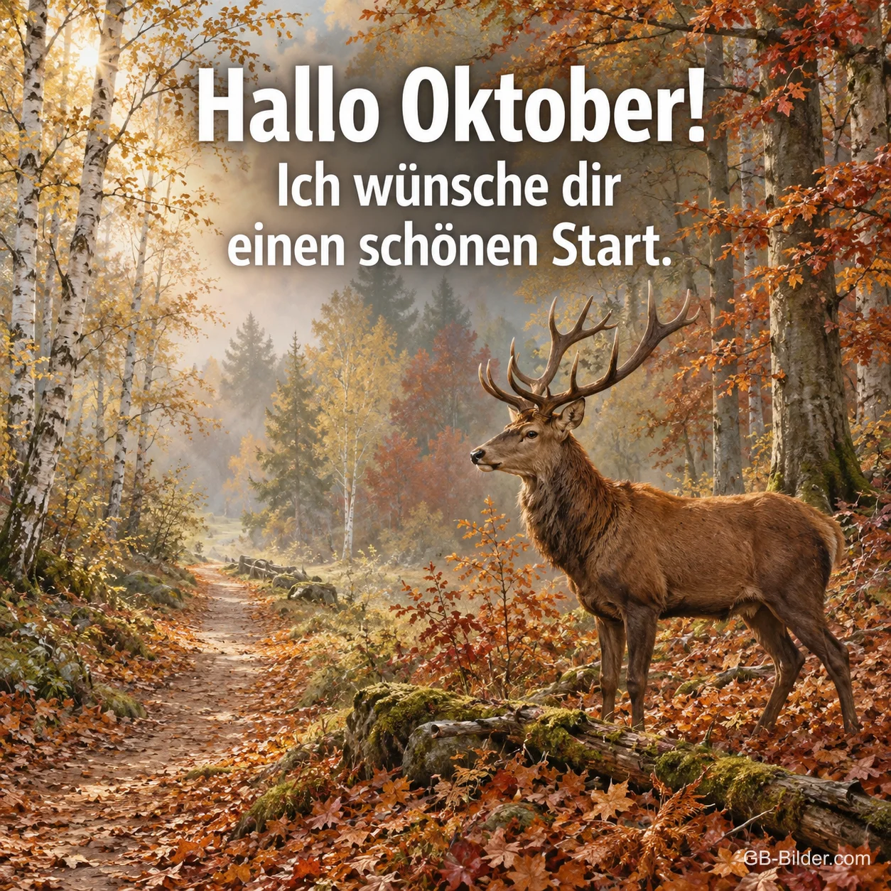 Hirsch am Waldweg im Herbstnebel, Text: Hallo Oktober! Ich wünsche dir einen schönen Start. Hirsch am Waldweg im Herbstnebel, Text: Hallo Oktober! Ich wünsche dir einen schönen Start.