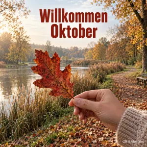 Hand hält ein rotes Eichenblatt am herbstlichen Ufer, Text: Willkommen Oktober