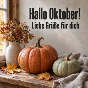 Kürbisse und Trockenblumen auf der Fensterbank, Text: Hallo Oktober! Liebe Grüße für dich