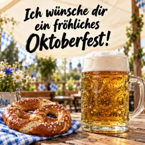 Maß Bier und Brezn im Biergarten, Text: Ich wünsche dir ein fröhliches Oktoberfest!