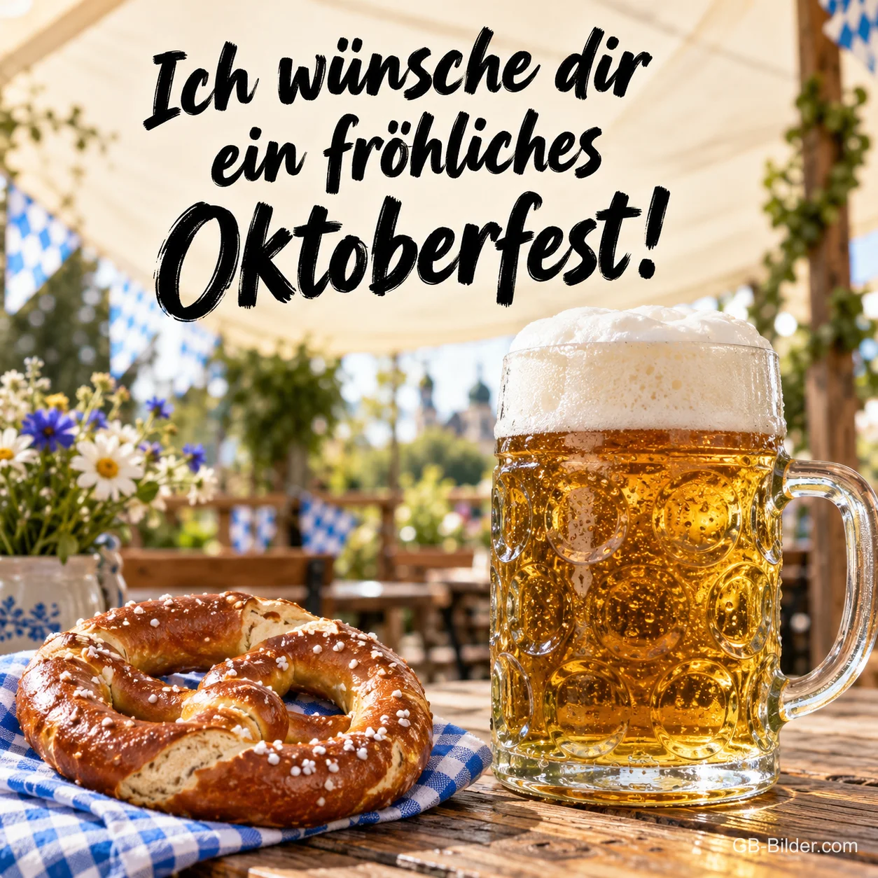 Maß Bier und Brezn im Biergarten, Text: Ich wünsche dir ein fröhliches Oktoberfest! Maß Bier und Brezn im Biergarten, Text: Ich wünsche dir ein fröhliches Oktoberfest!