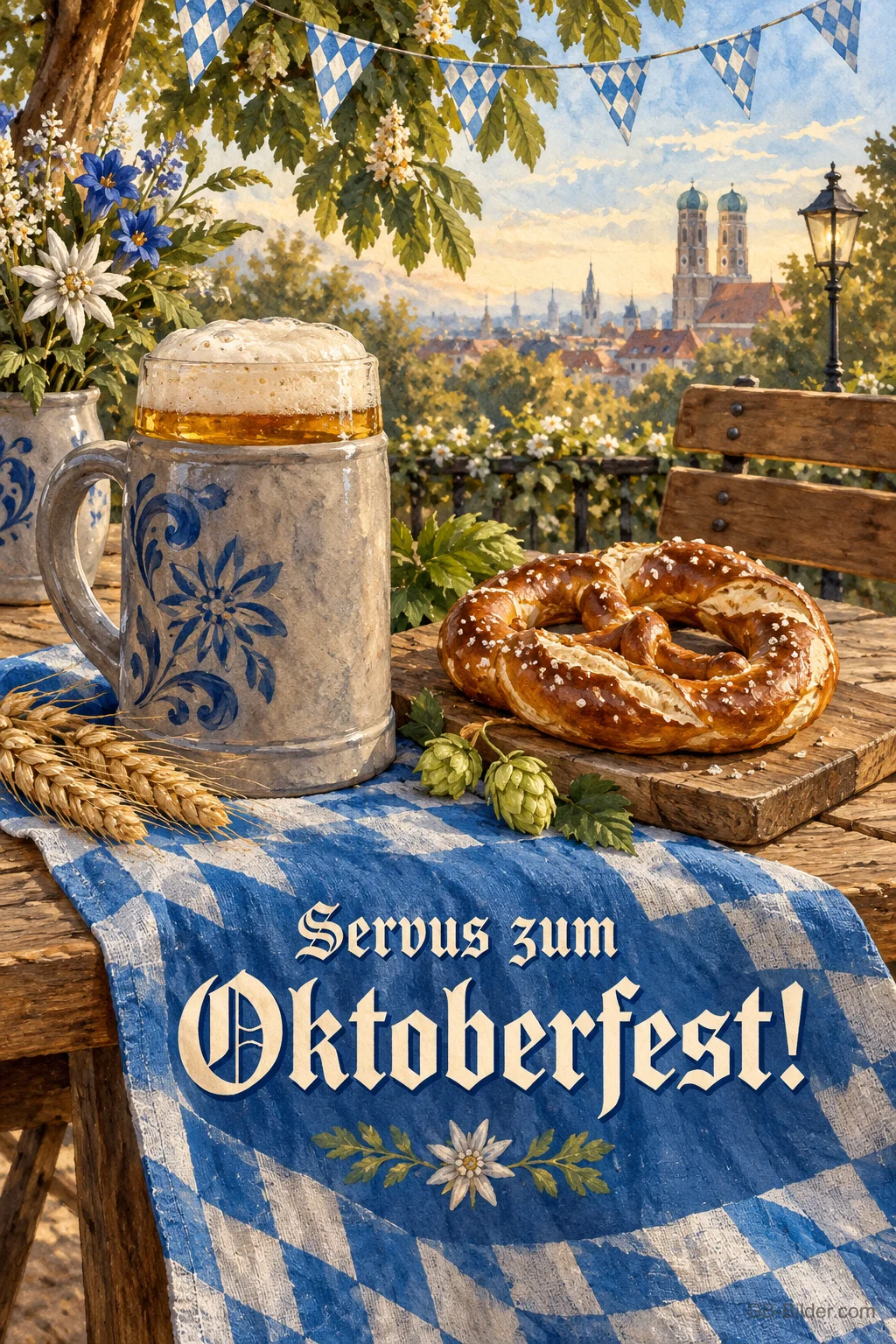 Steinkrug und Brezn auf weiß-blauem Tuch, Text: Servus zum Oktoberfest! Steinkrug und Brezn auf weiß-blauem Tuch, Text: Servus zum Oktoberfest!
