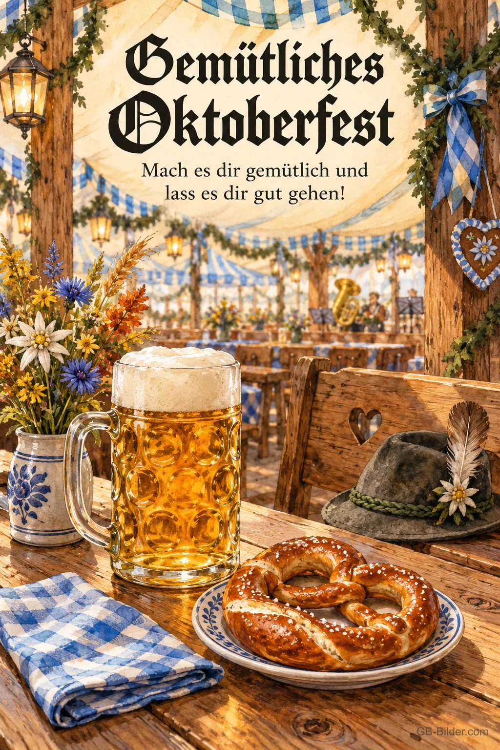 Maß, Brezn und Trachtenhut im Festzelt, Text: Gemütliches Oktoberfest Maß, Brezn und Trachtenhut im Festzelt, Text: Gemütliches Oktoberfest