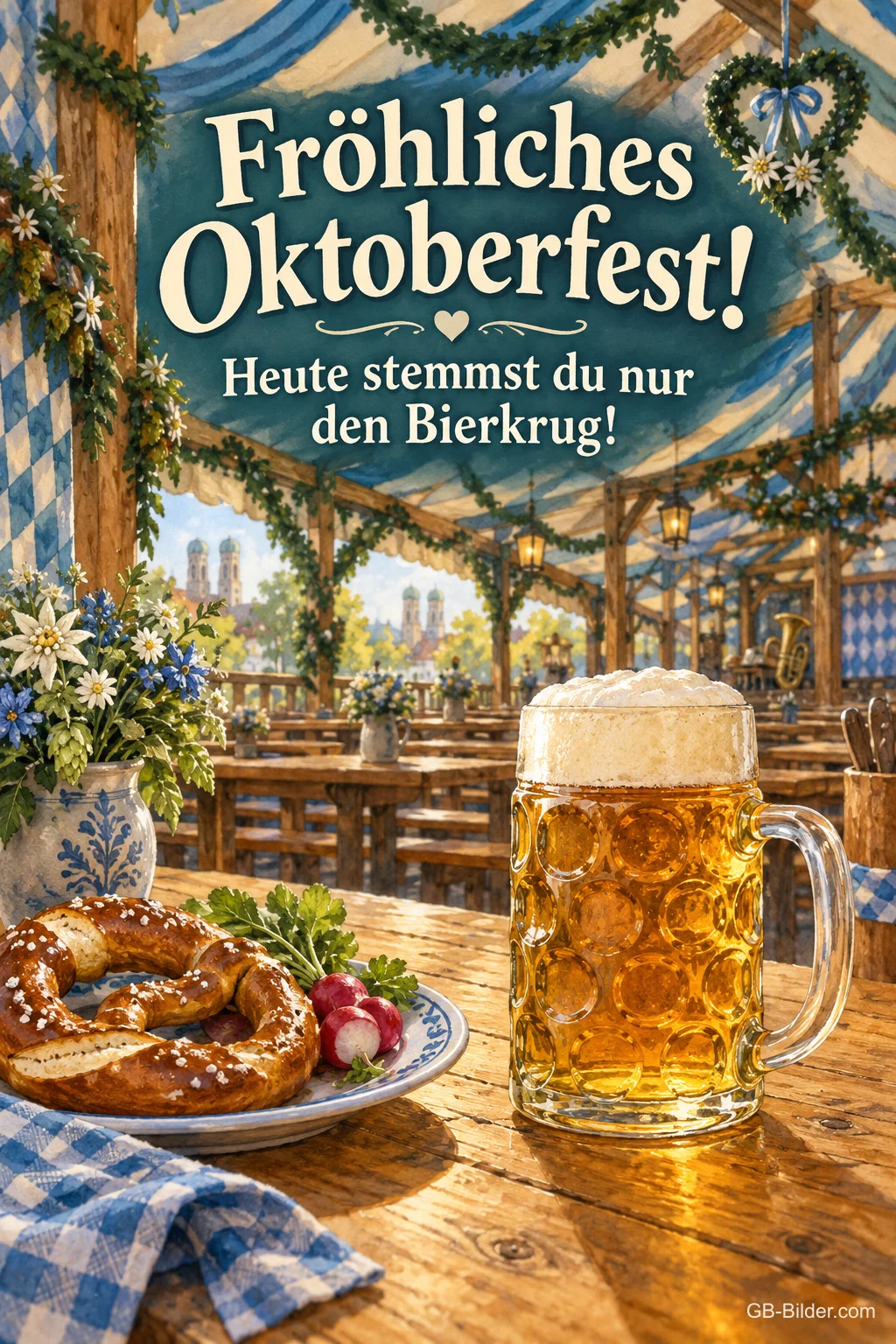 Maß mit Brezn im Festzelt, lustiger Text: Fröhliches Oktoberfest! Maß mit Brezn im Festzelt, lustiger Text: Fröhliches Oktoberfest!