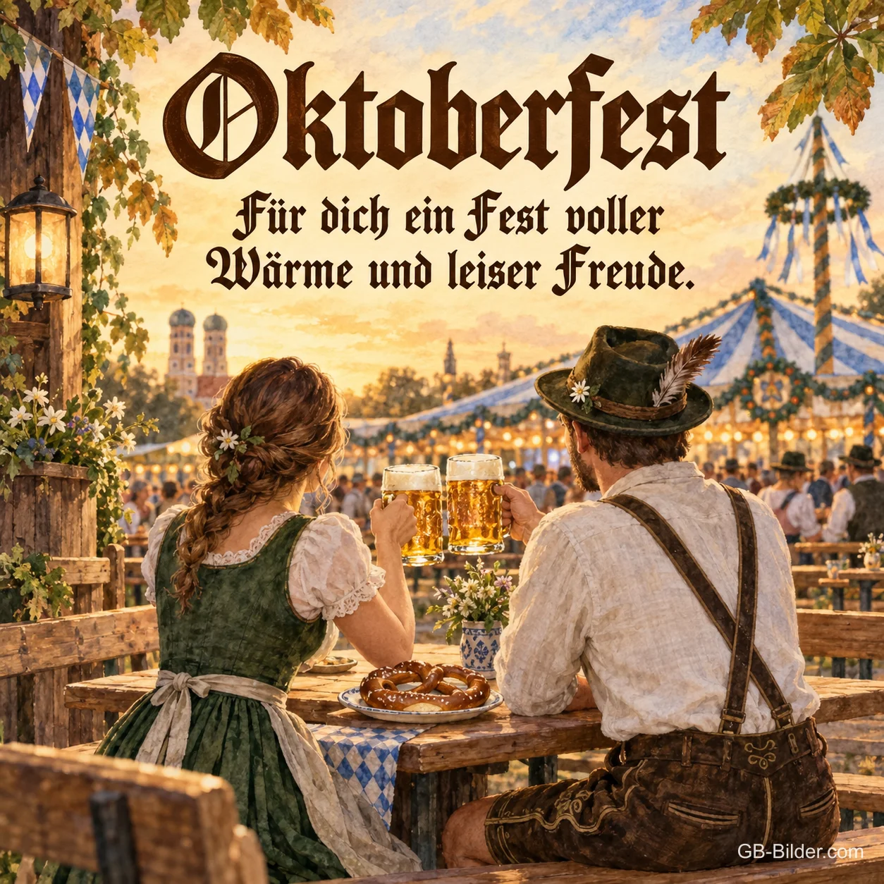 Paar in Tracht im Biergarten, Text: Oktoberfest Paar in Tracht im Biergarten, Text: Oktoberfest