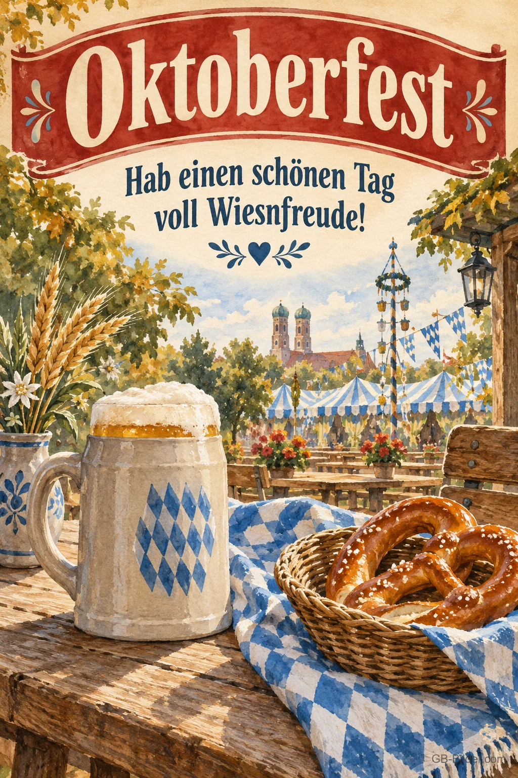 Bierkrug und Brezenkorb, Text: Oktoberfest – Hab einen schönen Tag voll Wiesnfreude! Bierkrug und Brezenkorb, Text: Oktoberfest – Hab einen schönen Tag voll Wiesnfreude!