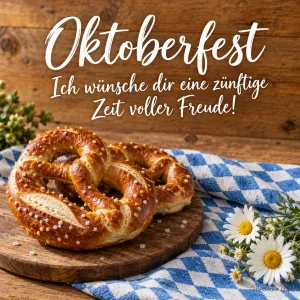 Brezn auf Holzbrett, Text: Oktoberfest – Ich wünsche dir eine zünftige Zeit voller Freude!