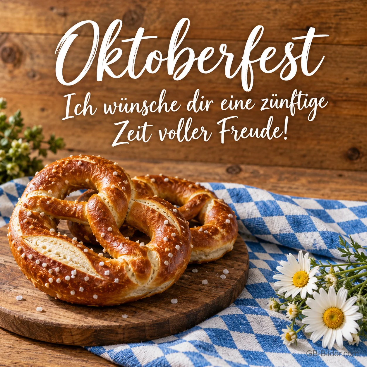 Brezn auf Holzbrett, Text: Oktoberfest – Ich wünsche dir eine zünftige Zeit voller Freude! Brezn auf Holzbrett, Text: Oktoberfest – Ich wünsche dir eine zünftige Zeit voller Freude!