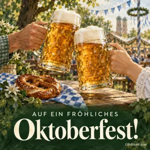 Anstoßen mit Maßkrügen, Text: Auf ein fröhliches Oktoberfest!