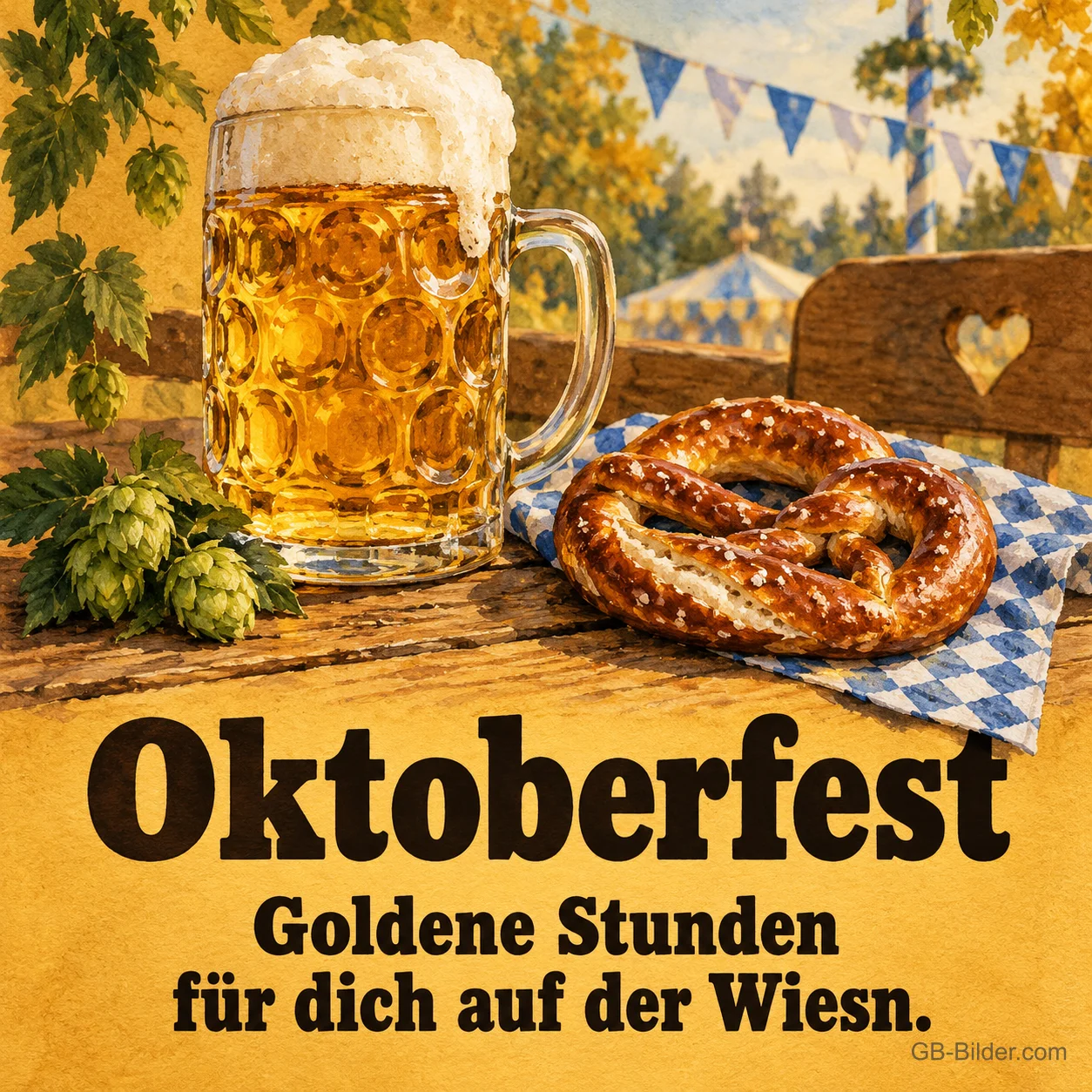 Maß und Brezn unter Wimpeln, Text: Oktoberfest – Goldene Stunden für dich auf der Wiesn. Maß und Brezn unter Wimpeln, Text: Oktoberfest – Goldene Stunden für dich auf der Wiesn.