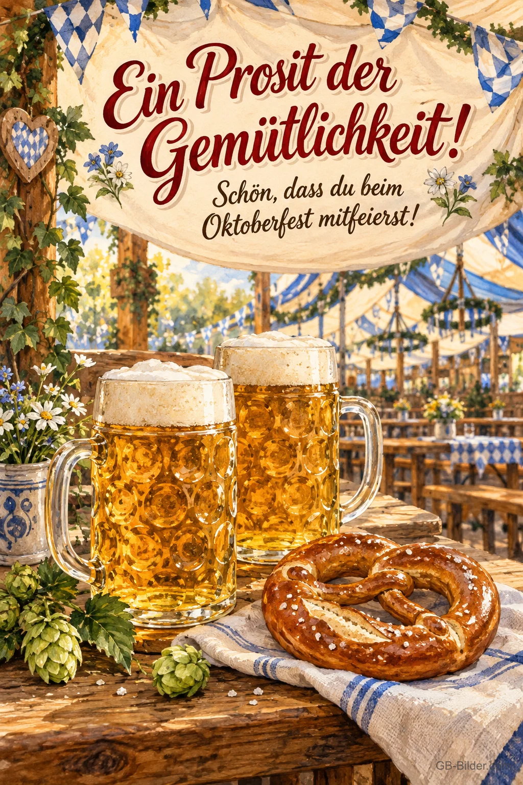 Zwei Maßkrüge und Brezn im Festzelt, Text: Ein Prosit der Gemütlichkeit! Zwei Maßkrüge und Brezn im Festzelt, Text: Ein Prosit der Gemütlichkeit!