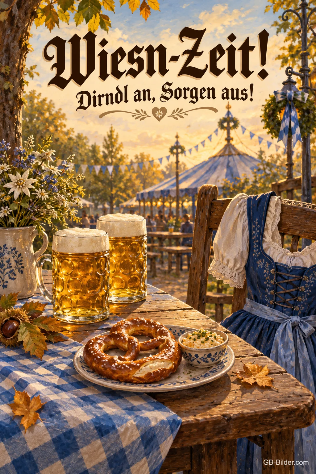 Dirndl am Stuhl neben Maßkrügen, lustiger Text: Wiesn-Zeit! Dirndl an, Sorgen aus! Dirndl am Stuhl neben Maßkrügen, lustiger Text: Wiesn-Zeit! Dirndl an, Sorgen aus!