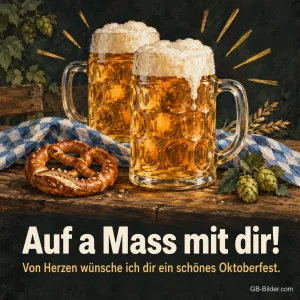 Zwei Maßkrüge mit Brezn, Text: Auf a Mass mit dir!