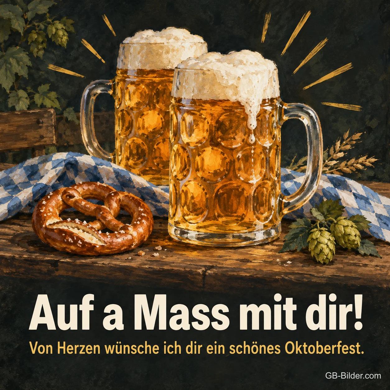 Zwei Maßkrüge mit Brezn, Text: Auf a Mass mit dir! Zwei Maßkrüge mit Brezn, Text: Auf a Mass mit dir!