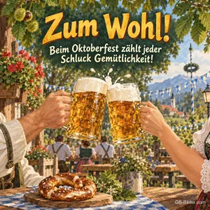 Anstoßen mit Maßkrügen im Biergarten, Text: Zum Wohl!