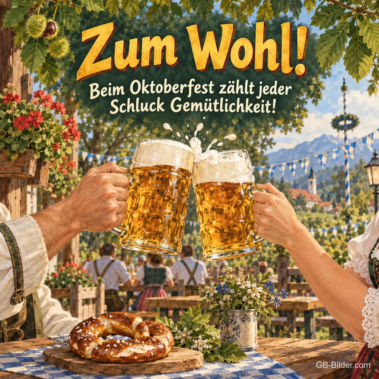 Anstoßen mit Maßkrügen im Biergarten, Text: Zum Wohl! Anstoßen mit Maßkrügen im Biergarten, Text: Zum Wohl!