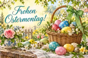 Korb mit bunten Ostereiern und Rose auf einem Gartentisch, Text: Frohen Ostermontag!