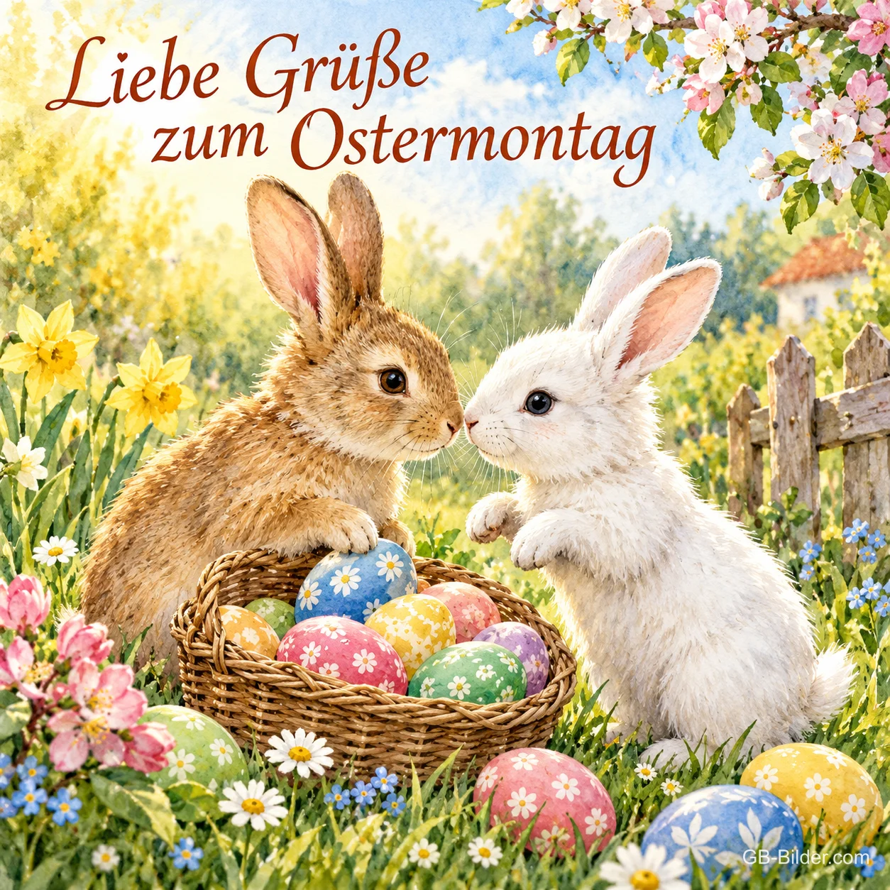 Zwei Hasen neben einem Korb mit Ostereiern, Text: Liebe Grüße zum Ostermontag