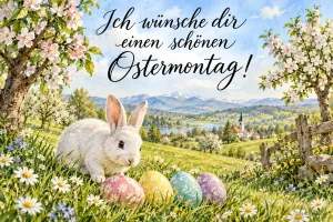 Weißer Hase neben bunten Ostereiern auf einer Frühlingswiese, Text: Ich wünsche dir einen schönen Ostermontag!