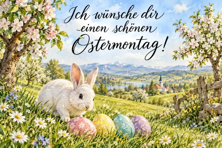 Weißer Hase neben bunten Ostereiern auf einer Frühlingswiese, Text: Ich wünsche dir einen schönen Ostermontag!
