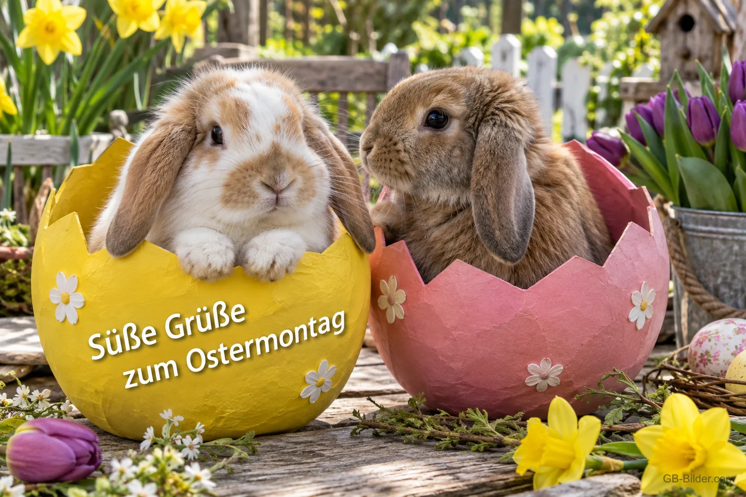 Zwei Widderkaninchen sitzen in großen gelben und rosa Eierschalen, Text: Süße Grüße zum Ostermontag