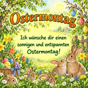 Hasen zwischen Ostereiern und Blumen auf einer Wiese, Text: Ostermontag – Ich wünsche dir einen sonnigen und entspannten Ostermontag!