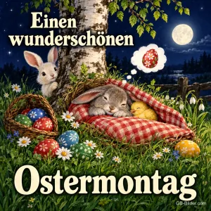 Hase schläft unter einer Decke im Gras und träumt von einem Osterei, Text: Einen wunderschönen Ostermontag