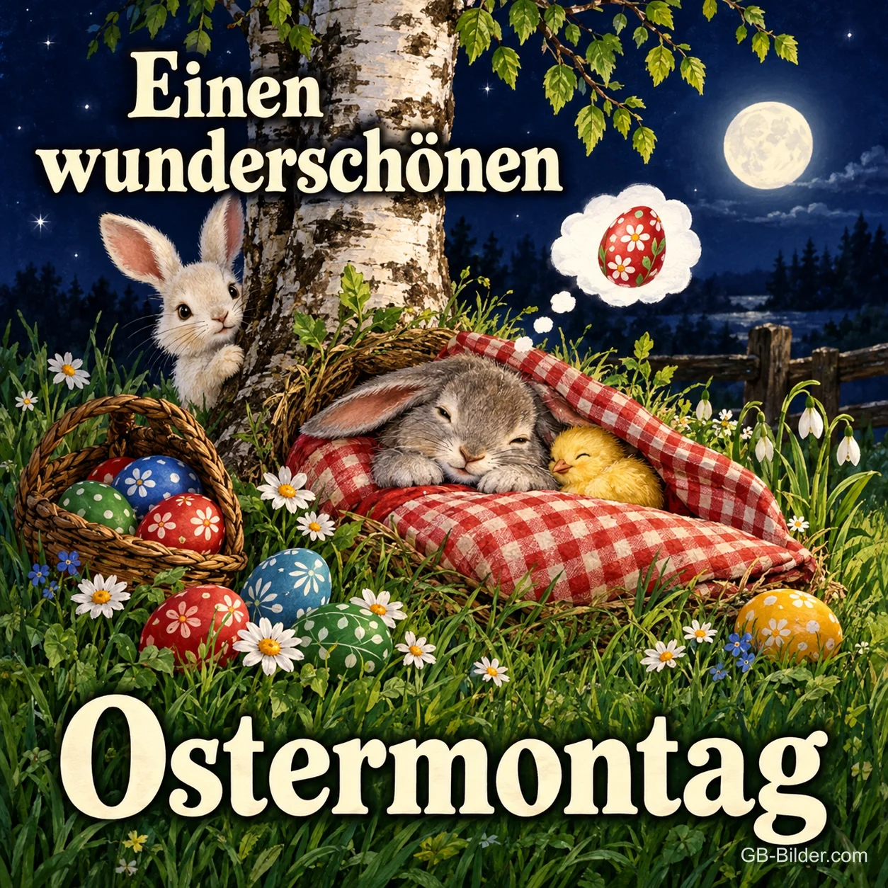 Hase schläft unter einer Decke im Gras und träumt von einem Osterei, Text: Einen wunderschönen Ostermontag
