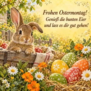 Hase schaut aus einer Kiste neben bemalten Ostereiern, Text: Frohen Ostermontag! – Genieß die bunten Eier und lass es dir gut gehen!