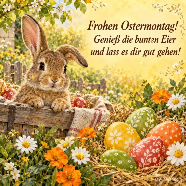 Hase schaut aus einer Kiste neben bemalten Ostereiern, Text: Frohen Ostermontag! – Genieß die bunten Eier und lass es dir gut gehen!