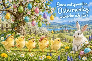 Küken mit Hüten und Hase unter einem Baum mit Ostereiern, Text: Einen entspannten Ostermontag – wünsche ich dir!