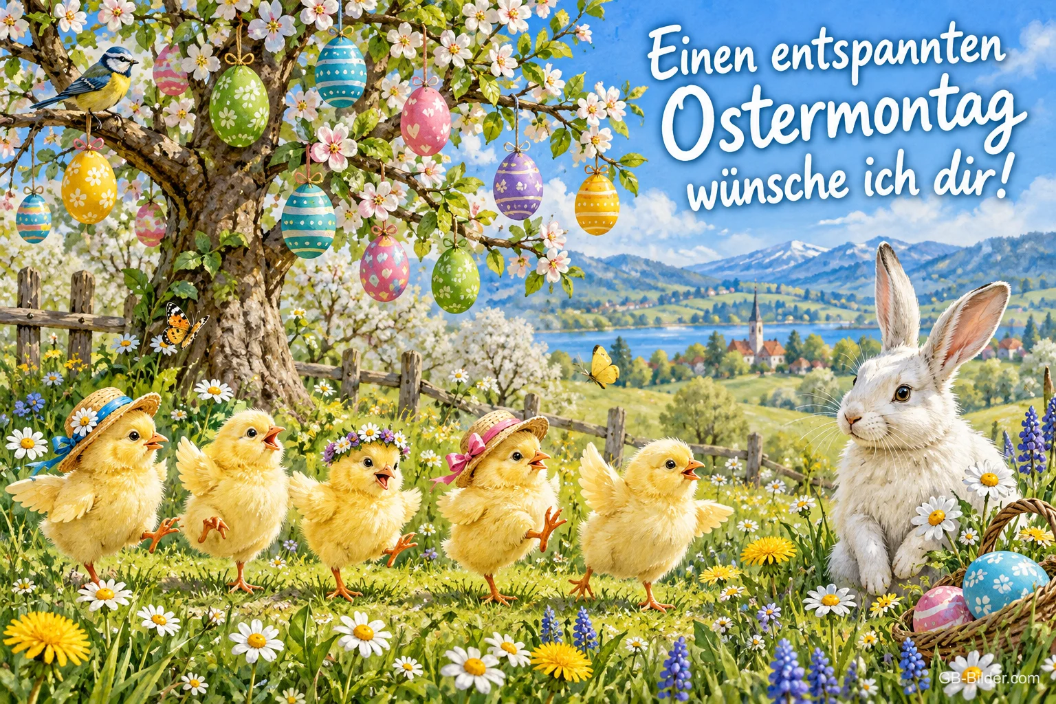 Küken mit Hüten und Hase unter einem Baum mit Ostereiern, Text: Einen entspannten Ostermontag – wünsche ich dir!