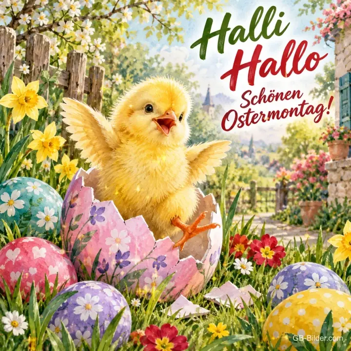 Küken schlüpft jubelnd aus einem bemalten Ei zwischen Ostereiern, Text: Halli Hallo – Schönen Ostermontag!