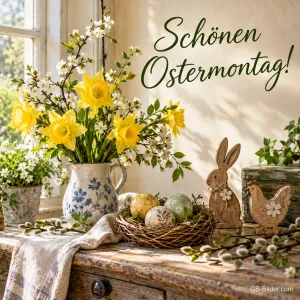 Narzissen im Krug, Holzhase und Eiernest am Fenster, Text: Schönen Ostermontag!