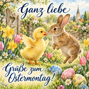 Küken und Hase begrüßen sich zwischen Ostereiern, Text: Ganz liebe Grüße – zum Ostermontag!