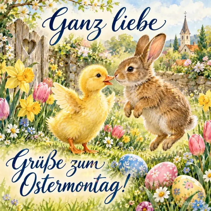 Küken und Hase begrüßen sich zwischen Ostereiern, Text: Ganz liebe Grüße – zum Ostermontag!