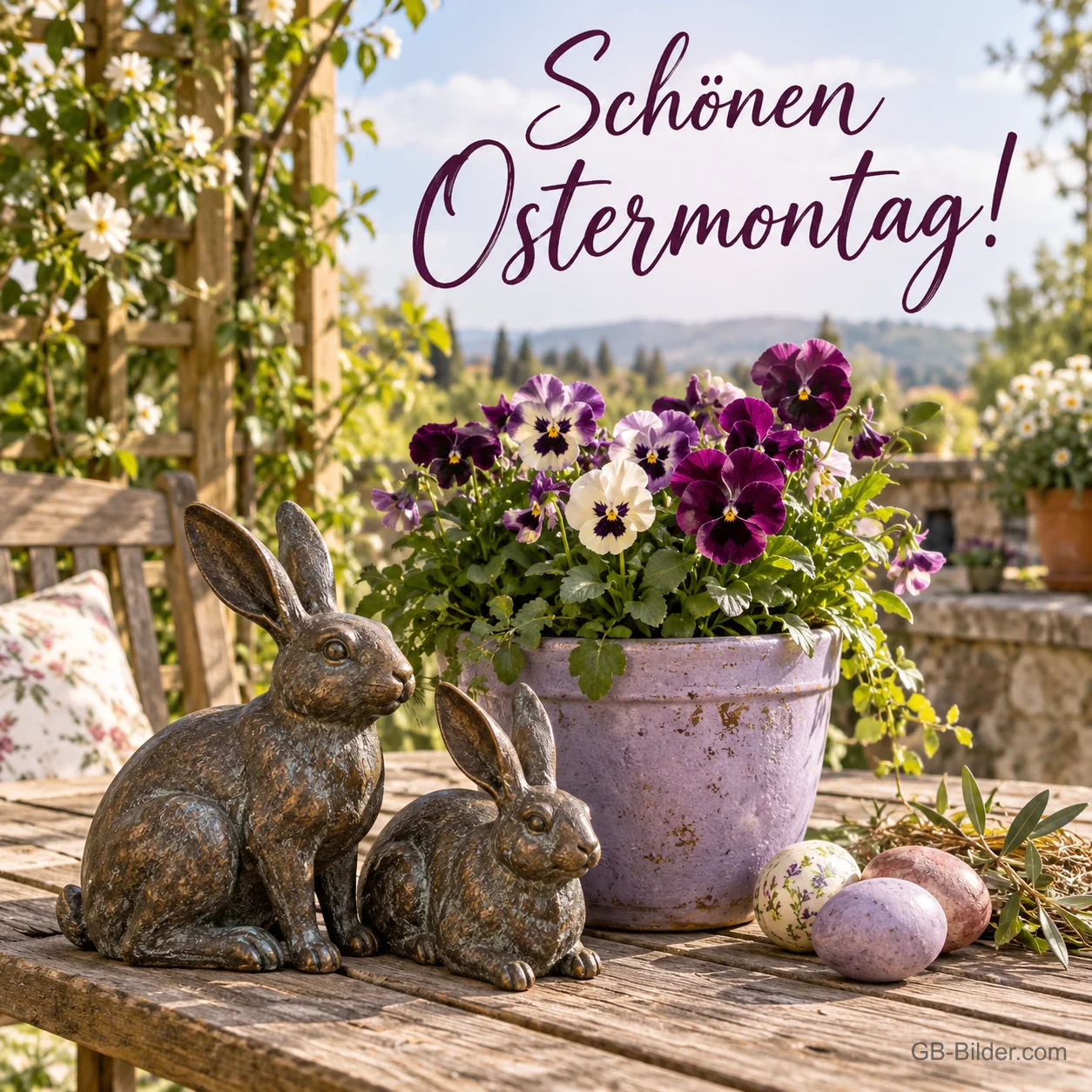 Bronzehasen neben einem Topf mit Stiefmütterchen und Ostereiern, Text: Schönen Ostermontag!