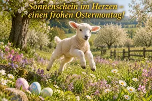 Lamm springt über eine Frühlingswiese mit Ostereiern, Text: Sonnenschein im Herzen – – einen frohen Ostermontag!