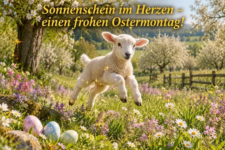 Lamm springt über eine Frühlingswiese mit Ostereiern, Text: Sonnenschein im Herzen – – einen frohen Ostermontag! Lamm springt über eine Frühlingswiese mit Ostereiern, Text: Sonnenschein im Herzen – – einen frohen Ostermontag!