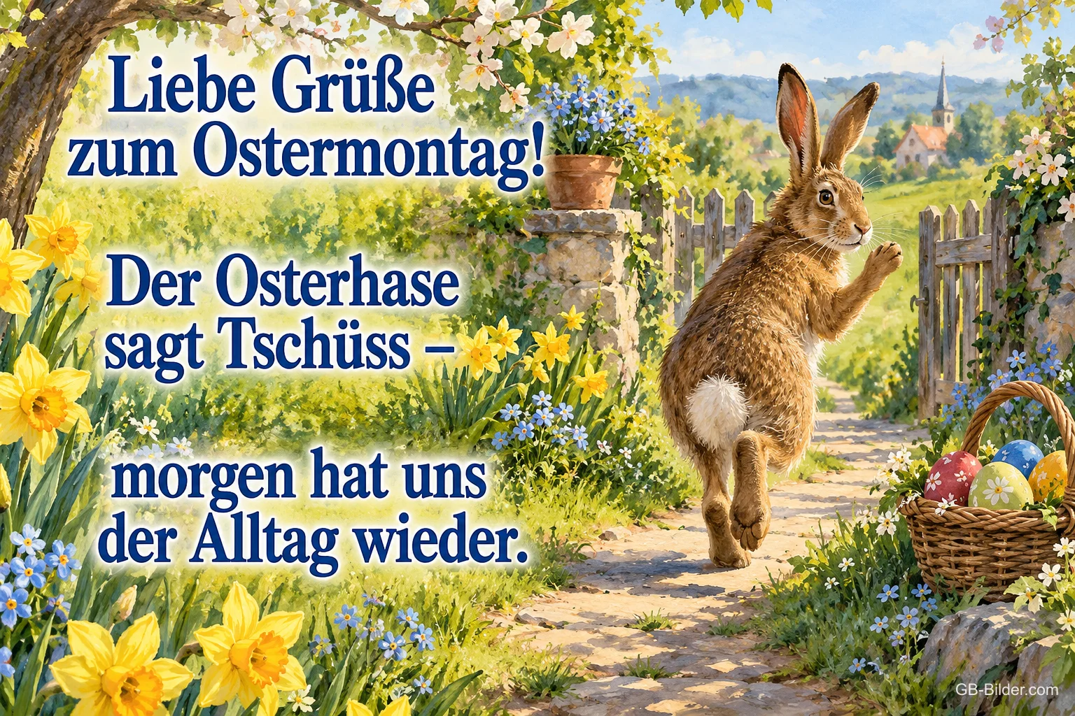 Hase hoppelt einen Frühlingsweg entlang, Osterkorb am Rand, Text: Liebe Grüße zum Ostermontag! – Der Osterhase sagt Tschüss – morgen hat uns der Alltag wieder.