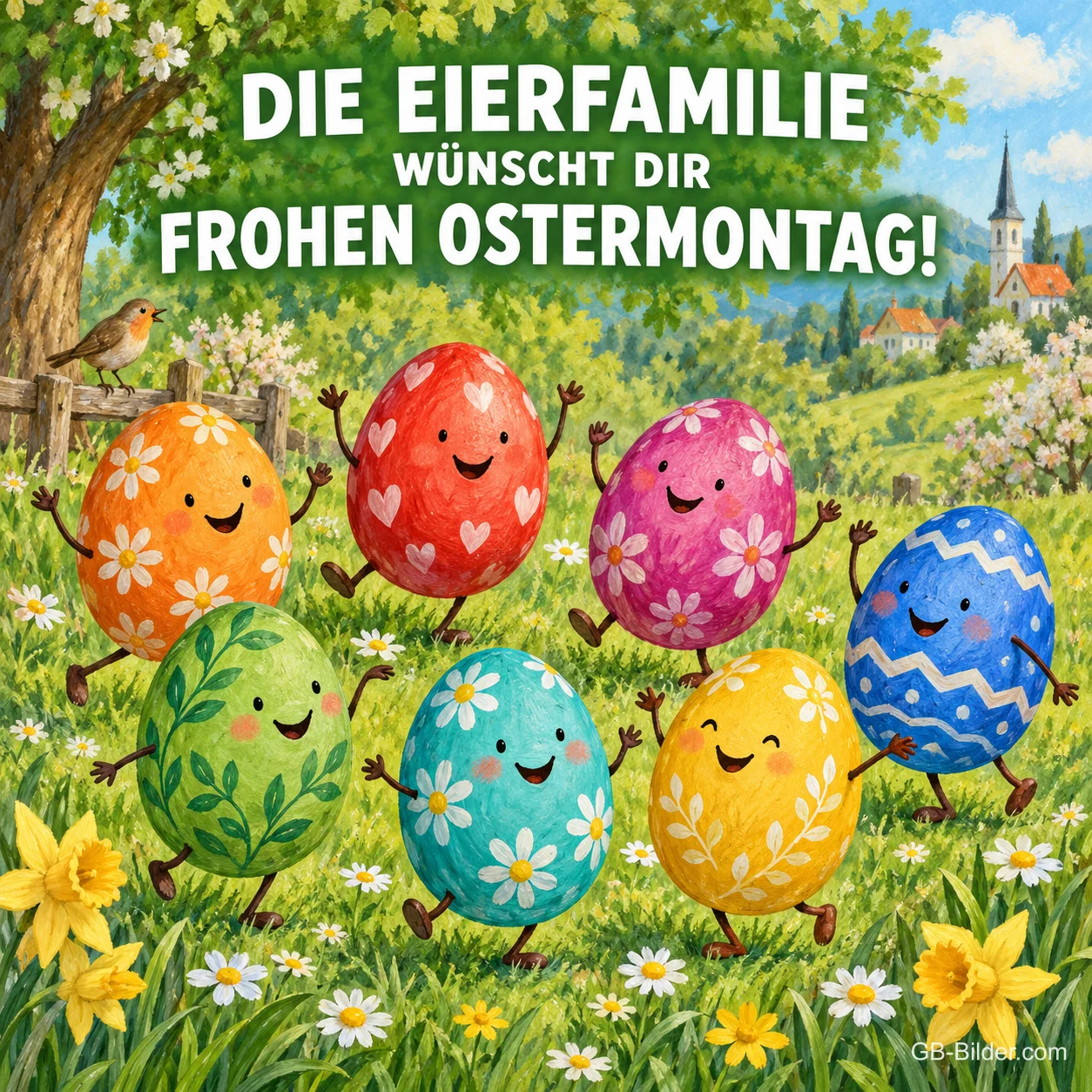 Bunt bemalte Ostereier mit Gesichtern tanzen auf einer Frühlingswiese, Text: Die Eierfamilie wünscht dir – frohen Ostermontag!