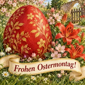 Rotes Osterei mit Goldmuster zwischen Lilien, Text: Frohen Ostermontag!
