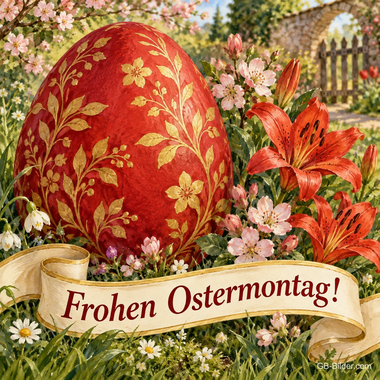 Rotes Osterei mit Goldmuster zwischen Lilien, Text: Frohen Ostermontag!